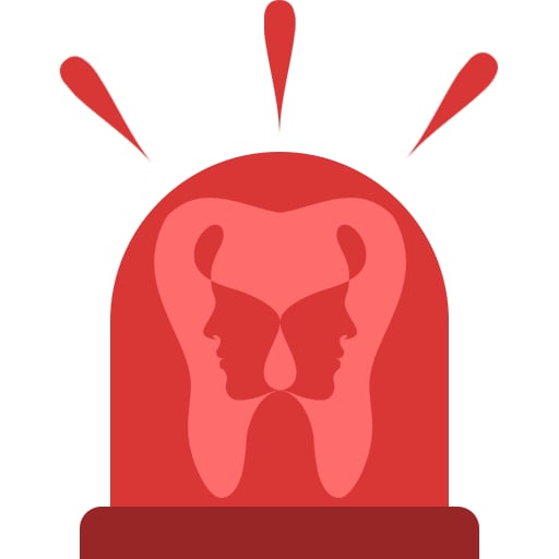 illustration urgences Une icône rouge représentant une sirène d'alerte avec, à l'intérieur, une illustration stylisée de deux visages humains en miroir, formant la silhouette d'une dent. Trois lignes rouges en haut symbolisent une alerte.